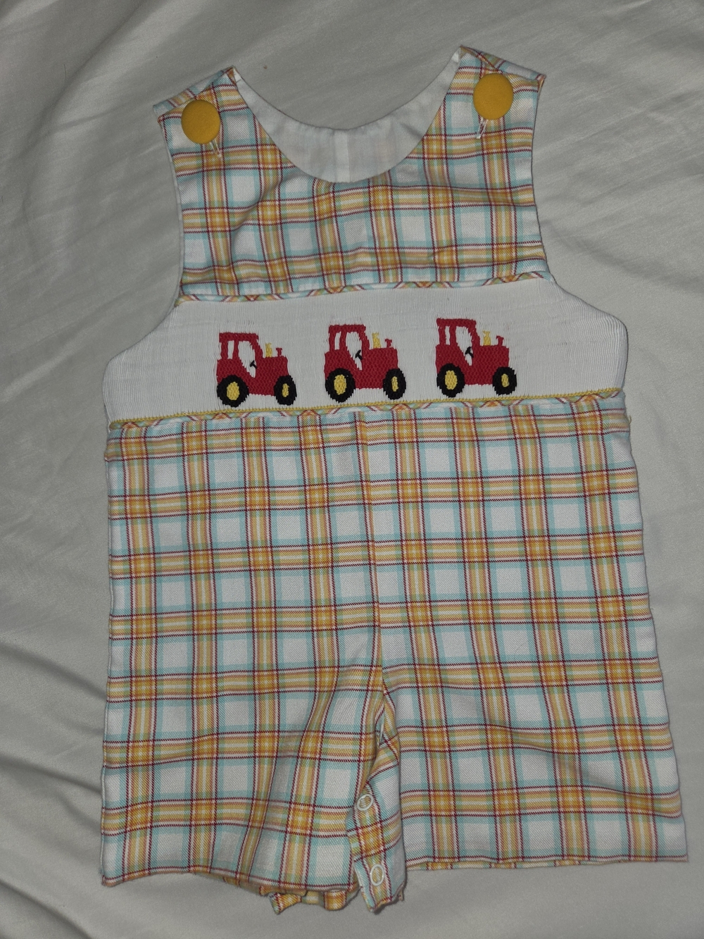 Plaid Baby Shortall with Tractor Smocking